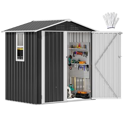 DWVO 6x4ft Large Tool Storage Shed with Window, Lockable Doors, and Sloped Roof, Oversized Steel Outdoor Storage Shed for Garden, Patio, Garage, Backyard, Lawn - Gray White
