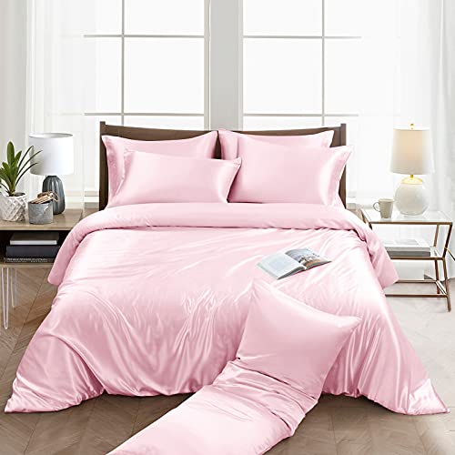 Image of Ersmak 6 Pieces Satin Duvet Cover Full /Queen Size Luxury Silky Bedding Duvet Cover Set with 1 Soft Duvet Cover, 4 Queen Pillowcases and 1 Body Pillowcase, Blush Pink