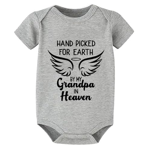 WOOYONGING Hand Picked for Earth By My Grandpa in Heaven Newborn Girl Onsies Short Sleeve Baby Bodysuit Grey Baby Romper 6 Month