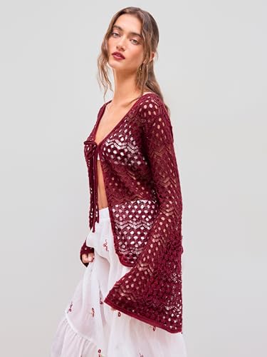 CIDER Womens Cardigans Hollow Out Crochet Bell Long Sleeve Tie Front Cover Ups Vacation Outfits4