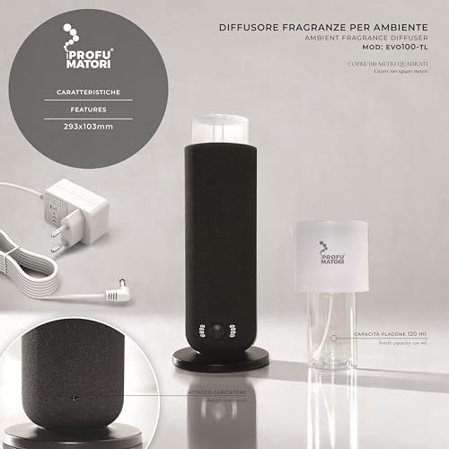 I PROFUMATORI Inteligentny dyfuzor zapachowy EVO100 TL, mgiełka na zimno, kontrola buetooth, zasięg do 100 m², wbudowane światło otoczenia, zapach boskiej czerwieni 100 ml, czarny