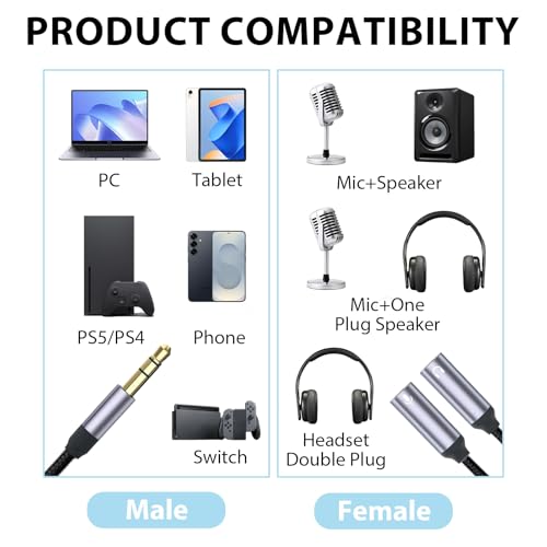 Kopfhöreradapter mit Trennkabel, 3,5-mm-Stecker in zwei 3,5-mm-Steckplätze (für Kopfhörer und Mikrofone), Y-förmiges Trennkabel, geeignet für Gaming-Kopfhörer, PS4, Xbox One, Handys und Laptops