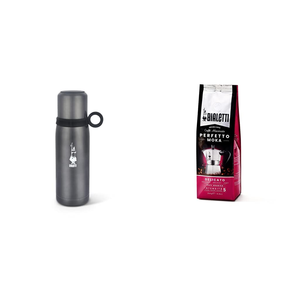 Bialetti To Go Bottiglia Termica con Coperchio-Tazza, con Doppia Parete, Mantiene Il Caldo per 12 h e Il Freddo per 24 h, Capacità 460 ml, Acciaio, Grigio Scuro & Perfetto Moka Caffè Macinato