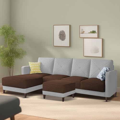 Image of Baloney LHS 6 Seater L Shape Sofa Set with Center Table for Living Room (Brown Grey Fabric) Premium Fabric Sofa