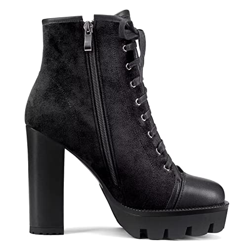 HDEUOLM Women High Chunky Block Platform Heel Round Toe Lace-up Zipper Ankle Boots Short Bootie Shoes3