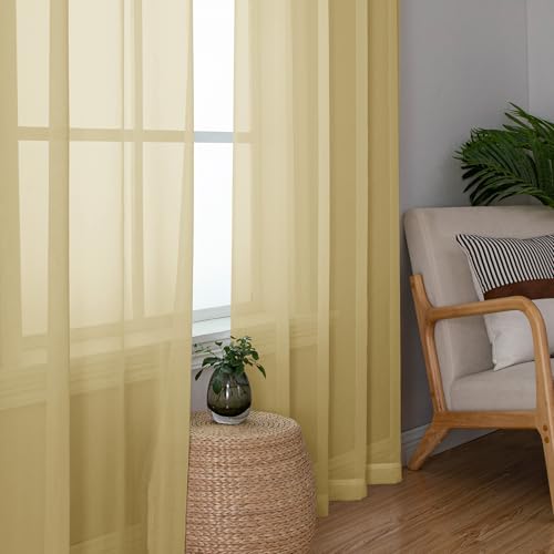 Image of Simplebrand Gold Sheer Curtains, 63 inch Length, 2 Panels Set - Light Filtering, Rod Pocket Window Curtains for Bedroom (Gold, 59 inch W x 63 inch L)