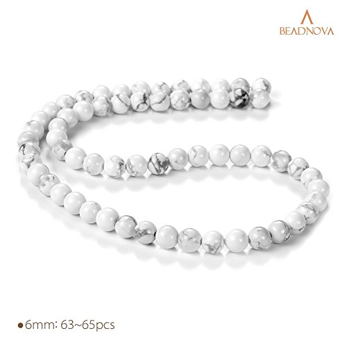 Image of BEADNOVA Natural White Howlite Beads Natural Crystal Beads Stone Gemstone Round Loose Energy Healing with Crystal Stretch Cord for Jewelry Making (6mm, 62-64pcs)