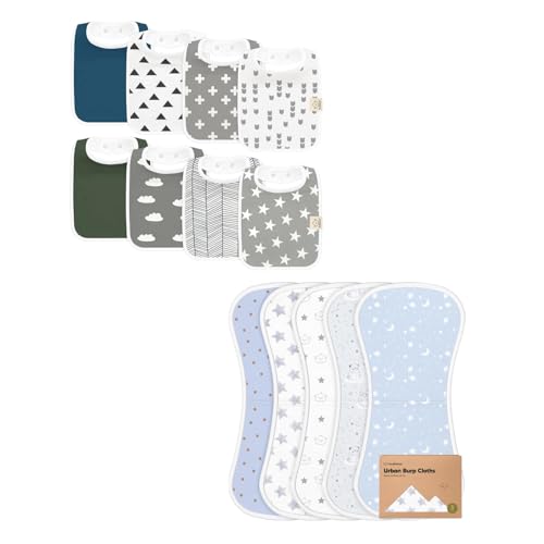 KeaBabies 8-Pack Baby Drool Bibs for Boy, Girl and 5-Pack Burp Cloths for Baby Boys and Girls - Soft Cotton for Drooling & Teething Infant, Ultra Absorbent Burping Cloth