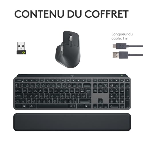 Logitech MX Keys S Combo:Clavier et Souris sans Fil Performants avec Repose Poignet,Éclairage Personnalisable, Défilement Rapide,Bluetooth,Windows/Linux/Chrome/Mac, Clavier Français AZERTY-Gris