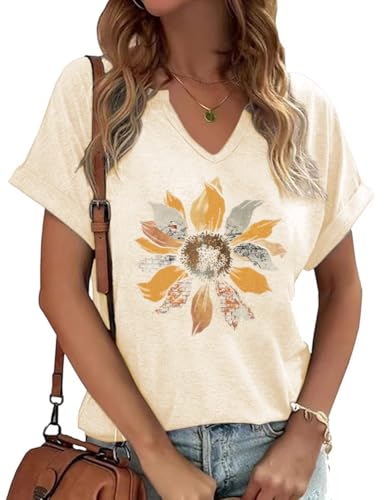 Womens Flowers V Neck Shirt Vintage Boho Floral Wildflowers Graphic Tees Casual Cottagecore Short Sleeve T Shirts(Asand,L)