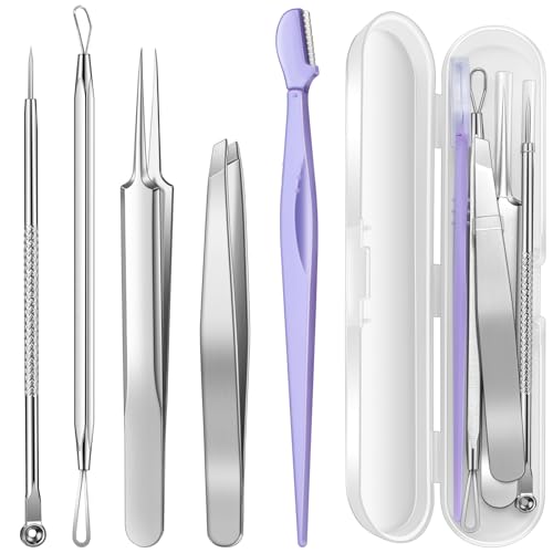 TsMADDTs Pimple Popper Tool Kit, 6 pcs Blackhead Remover Tools for Face and Nose, Ingrown Hair Removal Kit with Pimple Extractor, Pore Extractor, Tweezer, Razor