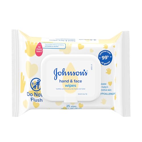 Image of Johnson's Baby Disposable Hand & Face Cleansing Wipes, Pre-Moistened Disposable Baby Wipes Gently Remove 99% of Germs & Dirt from Delicate Skin, Hypoallergenic, 25 ct
