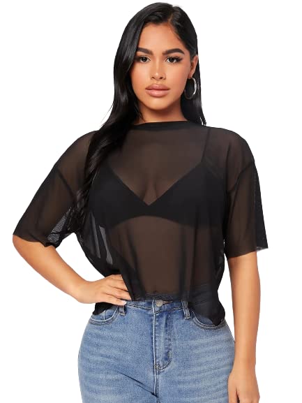 MIRABI Drop Shoulder Sheer Mesh Top Without Bra