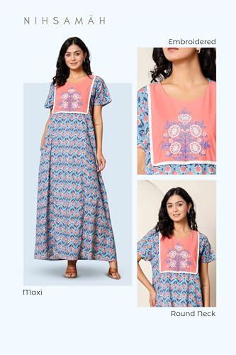 Image of NIHSAMAH Cotton Nighty for Women - Printed Stylish Night Gown, Comfortable Sleepwear Long Nightwear, Maxi