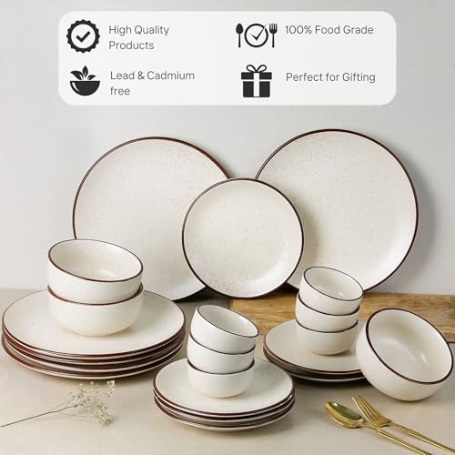 Image of The Earth Store Creme Matte Ceramic Dinner Set of 21 Pieces Serving for 6, Microwave & Dishwasher Safe Plates & Bowls for Dining, Crockery Set for Dining and Gifting
