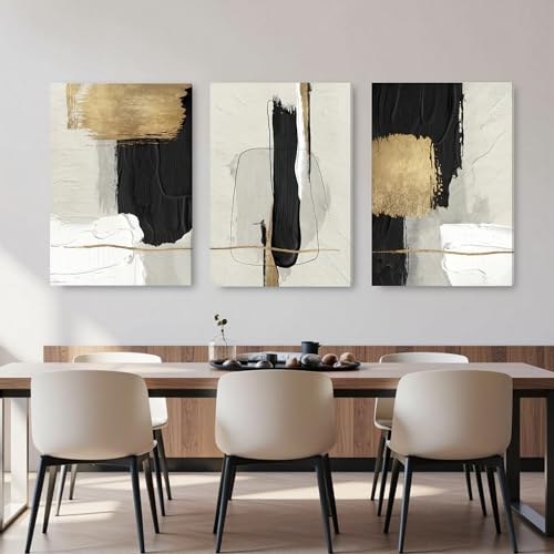 Image of DUWQU Abstract Brushstrokes Canvas Wall Art Black White Gold 24x36 inch x3 | Wooden frame, UV-resistant ink, Giclee printing process, Pre-installed hooks make it easy to hang home or office wall decor