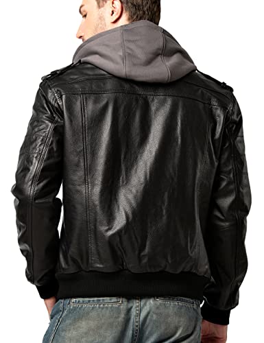 Image of FLAVOR Men Brown Leather Motorcycle Jacket with Removable Hood | Genuine Leather, Removable Hood, Windproof, Multi Pockets, Fall Winter Coats, Riding and Daily Wear, Moto Biker Jacket Men