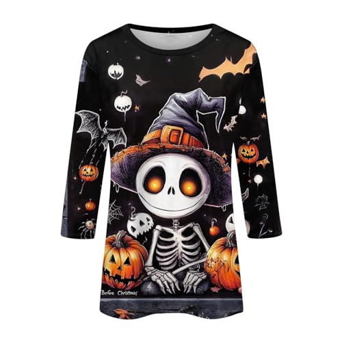 Cute Funny Halloween Shirts for Women Plus Size 3/4 Length Long Sleeve Womens Tops Witch Gothic Renaissance Shirt