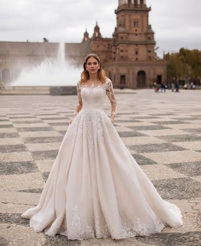 Zeeyecie Lace Long Sleeve Wedding Dresses Tulle A-Line Pleated Floor Length Long Bridal Gowns with Pockets 20252