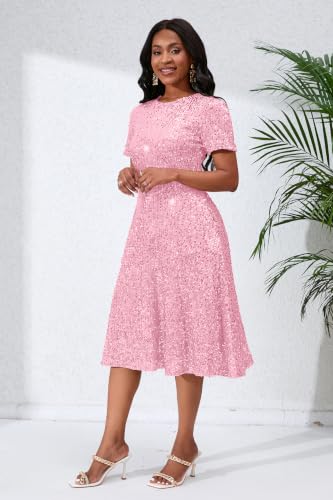 Image of Sequins Glitter Short Sleeve Women's Maxi A-line Dress - Sparkly Party Elegant