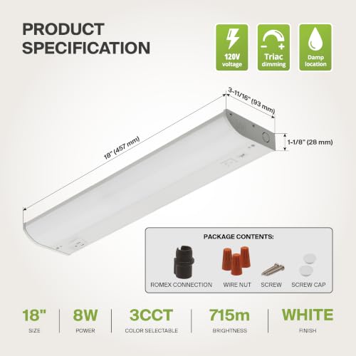 Image of ASD LED Under Cabinet Lighting with 1 Power Outlet, 18 inch 8W 715 LM, Hardwired Under Cabinet Lights for Kitchen, 3000K /4000K /5000K, Under Counter Light Fixtures, ETL, White Finish (No On /Off Switch)
