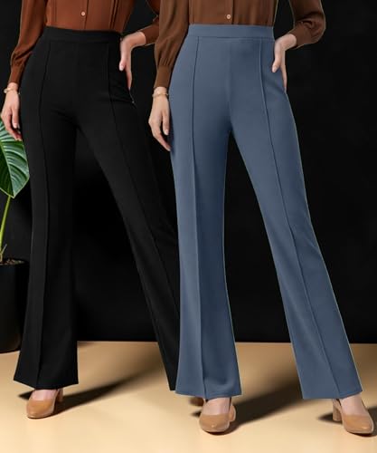 Image of Women Solid Flared Trousers Pack of 2 | High Waist Stretchable Office Pants for Women | Formal Bell Bottom Palazzo Trouser Combo