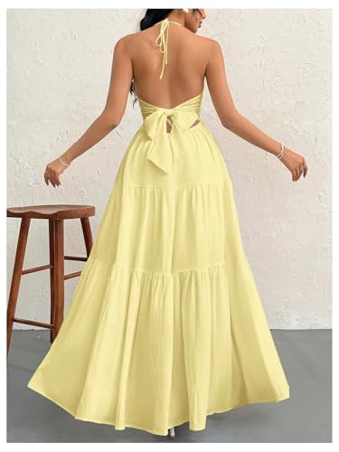 Image of SHENHE Women's Deep V Neck Tie Knot Backless Halter Dress A Line Flowy Ruffle Maxi Dress