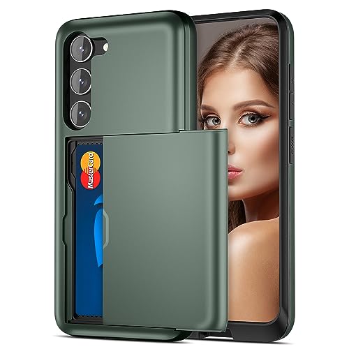Jiunai for Samsung Galaxy S23 Case Wallet Cover Credit Card IDs Cash Holder Shell Sliding Pocket Dual Layer Hard PC Rubber Bumper Phone Case for Samsung Galaxy S23 5G 6.1'' 2023 Green