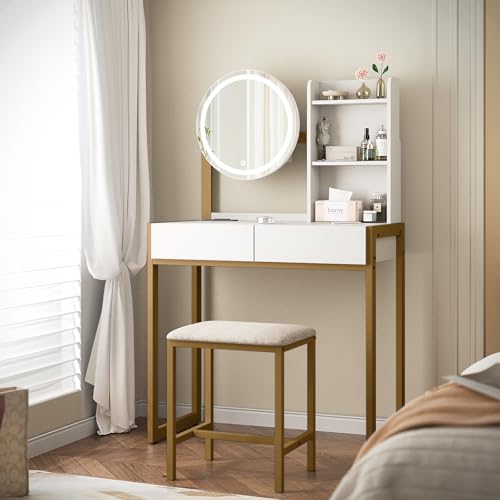 Image of Small Vanity Desk with Mirror and Lights, Makeup Vanity Table with LED Mirror, 3 Lighting Modes, Power Outlet, Drawer, Open Shelves and Cushioned Stool for Bedroom (Gold)