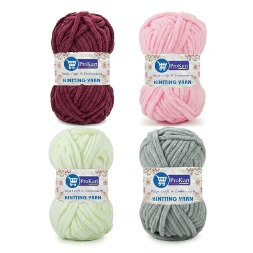 Image of ProKart - Blankie Plush & Cuddly Chenille Yarn for Knitting & Crochet | Super Soft Velvet Pastel Yarn for Blankets, Baby Toys & DIY Crafts | 100g, Pack of 4 (Wine, Baby Pink, Off White, Dark Grey)
