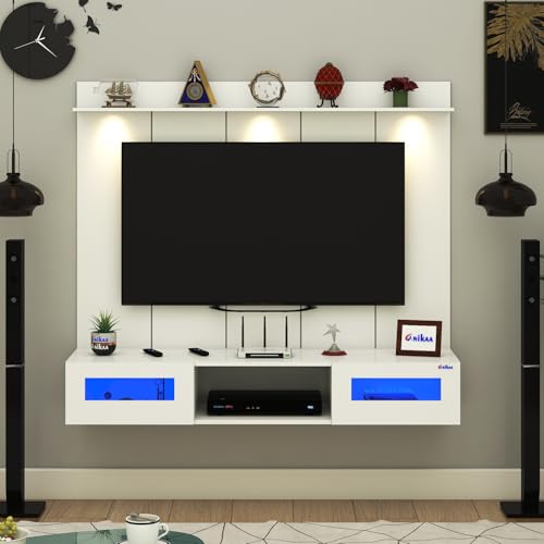 Image of Anikaa Orilo Wall Mounted PVC Back Panel TV Unit with Spot & Blue Ambient LED Light - Acrylic Storage Box, Display Shelf & Soft-Close Hinges | Ideal for UP to 50 Inch TV (White - DIY Installation)