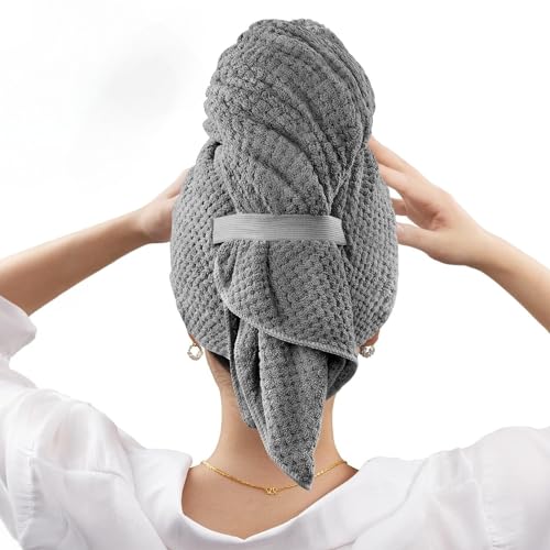 COOLive 2 Pack Large Microfiber Hair Towel Wrap for Women Anti Frizz Hair Drying Towel with Elastic Strap Fast Drying Turbans for Wet Hair Long Curly Hair Super Soft Hair Wrap(1 Grey + 1 Pink)