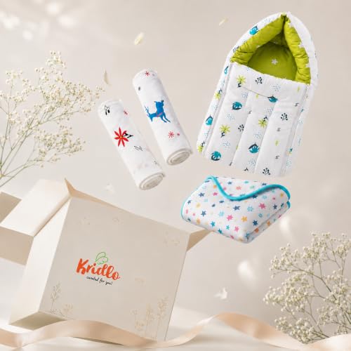 Image of New Born Baby Sleeping Bag with 2 Swaddles and Blanket | 0-6 Months | Pack of 4 | New Born Baby Essentials |