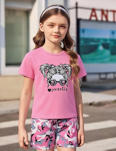 Image of mksodopy Girls Summer Clothse Graphic Print Front and Back High and Low Irregular T-shirt Cycling Shorts Set
