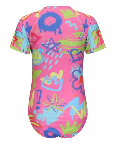 Image of Girls One Piece Swimsuits Short Sleeve Rash Guard for Girl Hawaiian Bathing Suit with Sun Protection Beachwear