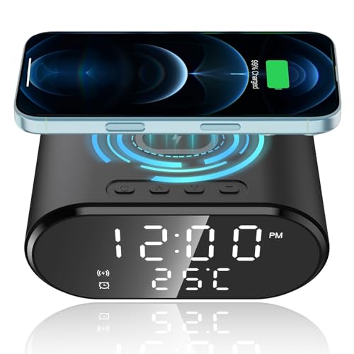 poluu 3-in-1 Wireless Charging Alarm Clock 15W Fast Wireless Charger with Smart Digital LED Display Charging Station Smart Digital Alarm Clocks Bedside USB-C Cable Phone Stand for Bedroom Office Dorm
