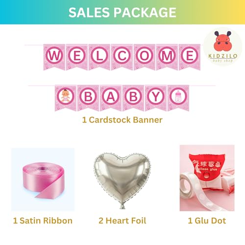 Image of 57 Pcs Welcome Baby Girl Decoration Kit | Balloons, Banner, Curtains, Foils, Stars, Hearts, Ribbon & Confetti for Baby Shower & Newborn Celebration Set 17