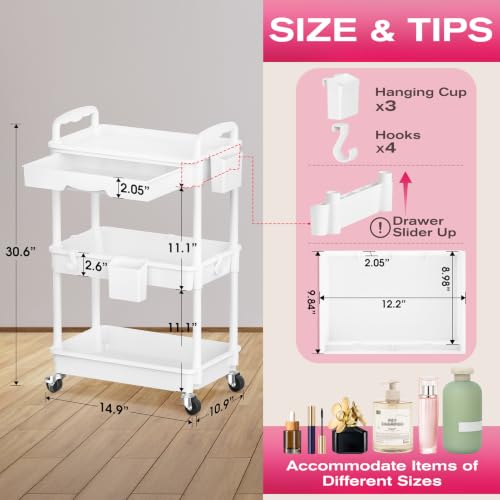 Image of Goovilla Rolling Makeup Organizer Cart with Removable Drawer, 3 Tier Stable White Floor Skincare Storage Cart for Vanity, Cosmetic Display, Nail Polish, Perfume, Hair Stuff, Beauty, Bathroom(Plastic)