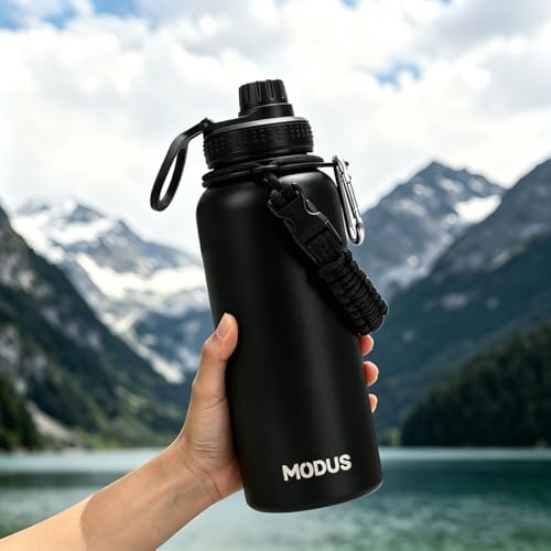 MODUS Garrafa Térmica 950ml – 24h Gelada, Alça Paracord, Tampa Antivazamento, sem BPA (Preto)