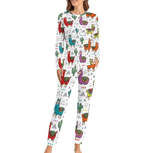Ensemble de pyjama femme cactus alpaga t-shirt manches longues pantalon