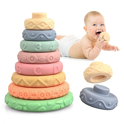 Image of VIYIKO 8 PCS Baby Stacking & Nesting Toys, Silicone Stacking Rings Toy Stacker, Soft Building Blocks Natural Baby Toys, Educational Squeeze Teether Sensory Montessori Toys for Babies 6 12 Months