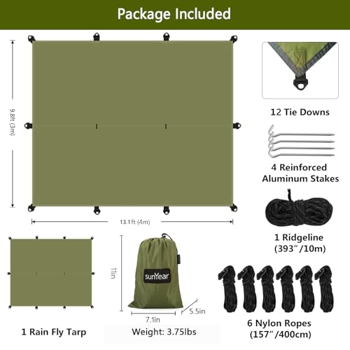 Image of Hammock Rain Fly Tent Tarp Provides Effective Protection Against Rain, Snow. 32ft Long Ridgeline. Big 9.8x9.5ft Durable, Waterproof 210D Oxford. 6 Reflective Guy Lines, 2 Stuff Sacks. Easy Assembly