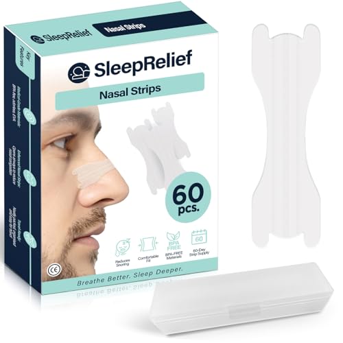 SleepRelief Nasal Strips 60 Pieces Nose Strips for Breathing, Relieve a Blocked Nose Due to Colds, Allergies, Snore Strips for Sports and Sleep, Nose Strips for Snoring, Snoring Strips Drug-Free