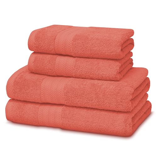 Victorio Lucchino Juego De Toallas 100 Algodón - 2 Toallas Baño Ducha 70x140cm 2 Toallas Lavabo 50x100cm - Color Coral