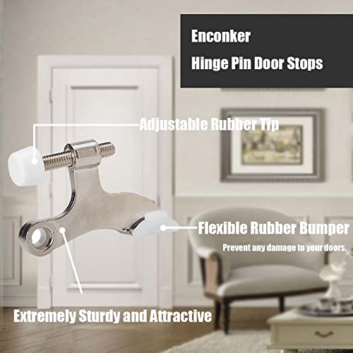 Enconker Hinge Pin Door Stopper Satin Nickel 4 Pack, Adjustable Head Screw Heavy Duty Wall Protectors From Door Knobs, Convenient Easy Installation Rubber Bumper Tips Prevent Wall Damage #TOP4