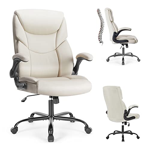Sweetcrispy Ergonomic Office Chair, PU Leather, Flip-up Arms and Adjustable Height, Big and Tall Executive Desk Chair with Wheels for Home Office, White image 5