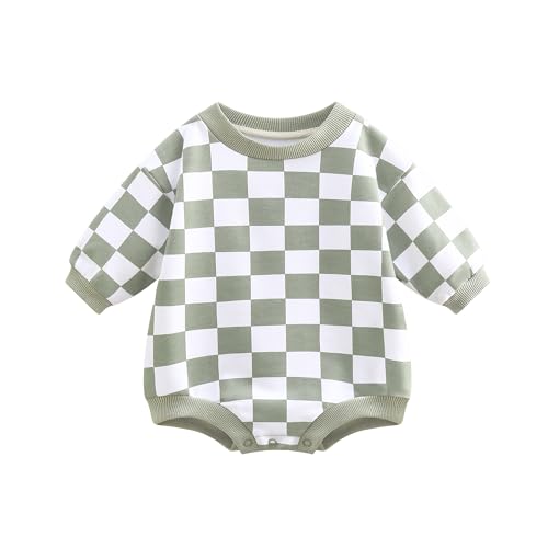 Bafeicao Baby Boy Girl Checkerboard Sweatshirt Romper Organic Cotton Checkered Bubble Romper Oversized Long Sleeve