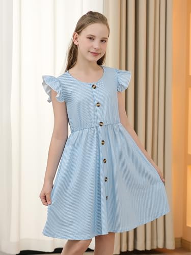 GORLYA Girls Flutter Sleeve A-Line Button Down Summer Striped Casual Midi Dress for 6-14Y Kids3