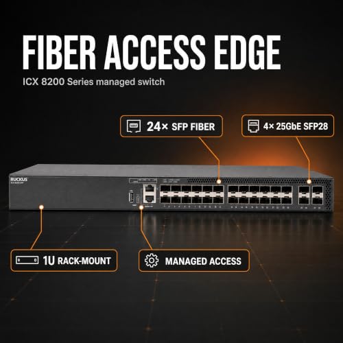 Image of Ruckus ICX8200-24F Managed Switch, 24x 100 /1000 Mbps SFP Fiber, 4x 25GbE SFP28 Uplinks - Stackable Enterprise Switch, 3-Yr Remote TAC Included, TAA Compliant