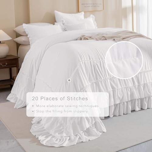 Image of QSH 3PCs Natural White Ruffled Oversized King Comforter 120x120, Shabby Boho Chic Farmhouse Ruffle Bed Comforter Set California King Comforter Ultra Soft Microfiber Lightweight Fluffy Bedding